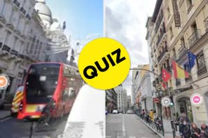 Collage of a city scene with a bus and a street with flags, overlaid with a quiz sticker