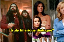 The image shows two scenes from TV shows with quote "truly hilarious dialogue" superimposed