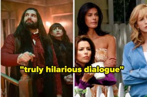 The image shows two scenes from TV shows with quote "truly hilarious dialogue" superimposed
