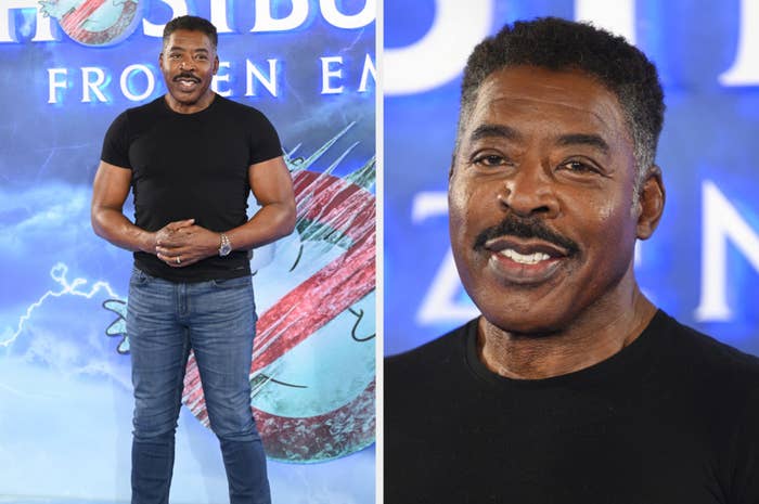 Ernie Hudson posing at a Frozen event in a black t-shirt and jeans. Close-up of Ernie smiling