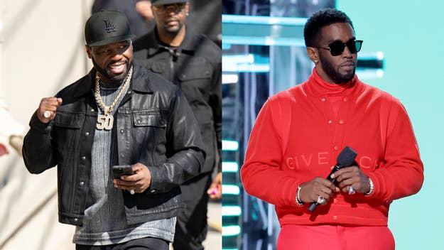 50 Cent in a layered outfit with jewelry, holding his phone and Diddy in a red outfit on stage with a microphone