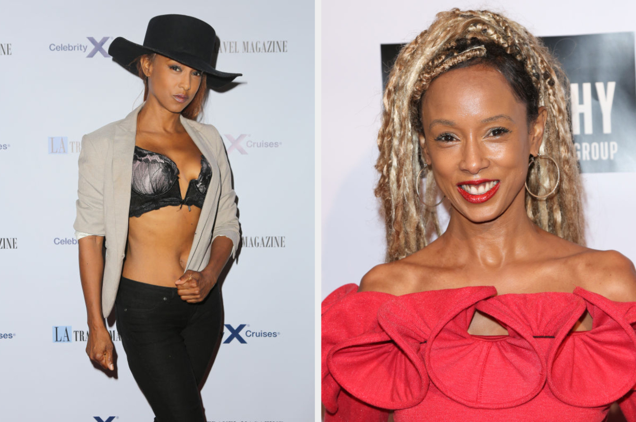 Two photos side by side. Left: A person posing in a hat, open blazer, and bralette. Right: A person smiling in an off-shoulder ruffled top