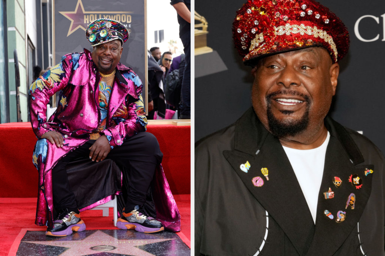 Two images of Cedric the Entertainer: left at a star ceremony in a patterned suit and hat, right in a blazer with pins at an event