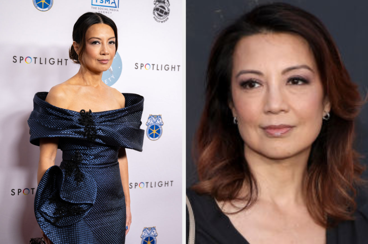 Two photos of Michelle Yeoh, left in an off-shoulder ruffled dress, right a close-up portrait