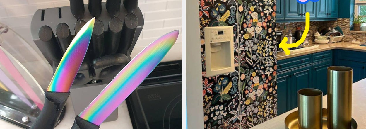 A split image showing iridescent knives in a holder, and a fridge covered with a floral decal next to text about decal benefits