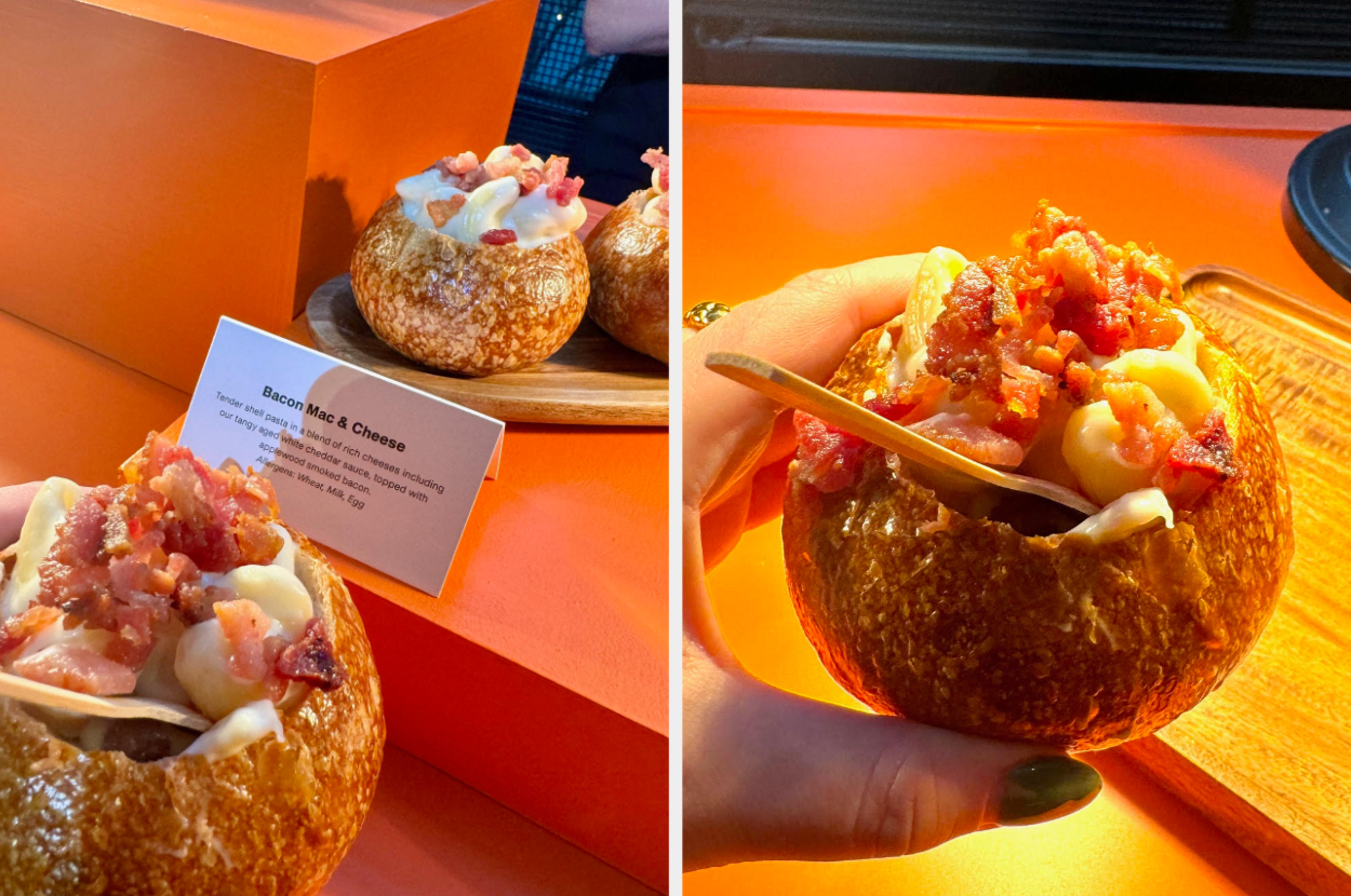Hand holding a bacon mac and cheese bread bowl, beside similar bread bowls with a description card