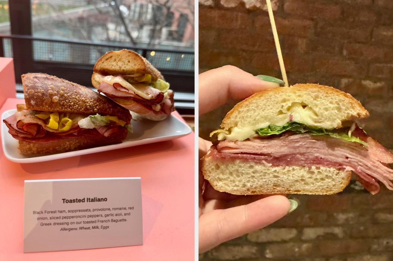 Two images: Left shows a sandwich labeled &quot;Toasted Italiano&quot; with ingredients list; Right is a close-up of the sandwich&#x27;s interior