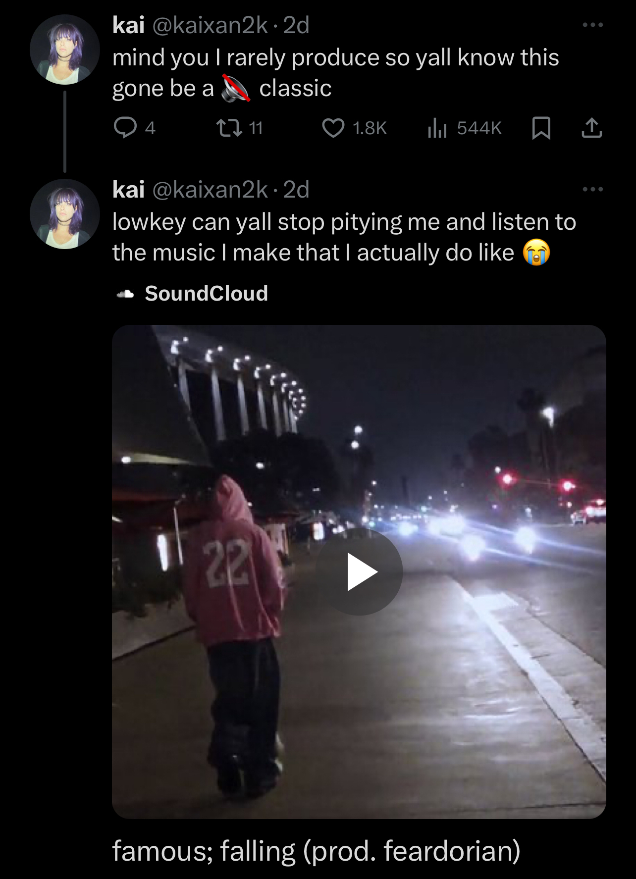Individual in hoodie standing on a street at night, with a sentimental expression, linked to a SoundCloud music track
