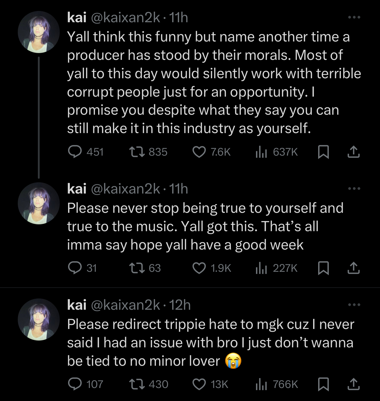 Two tweets by user kai with messages promoting positivity and redirection of negativity