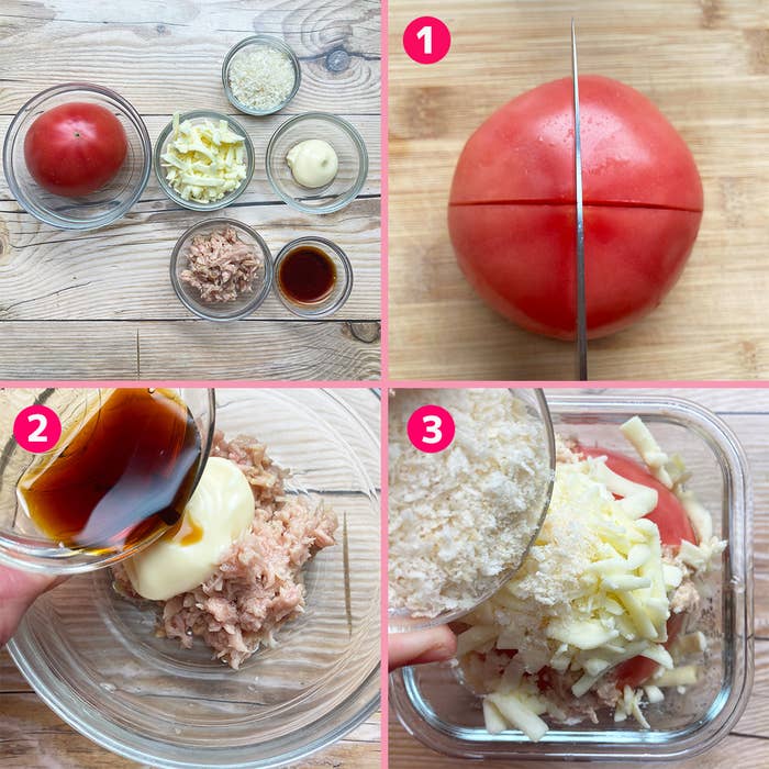 トマト、チーズの材料とその調理ステップが写されています。