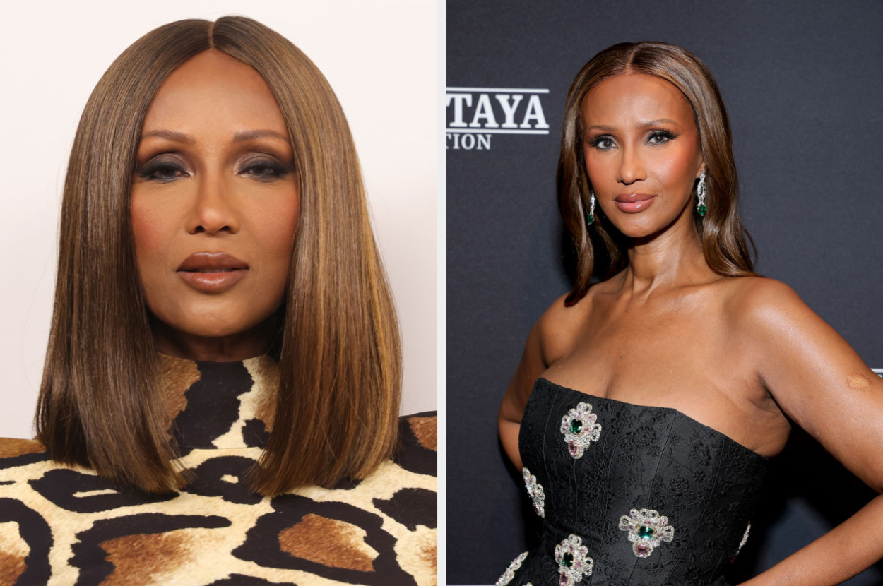 Two side-by-side images of Iman, left image with straight hair and patterned outfit, right image in elegant strapless gown with floral design