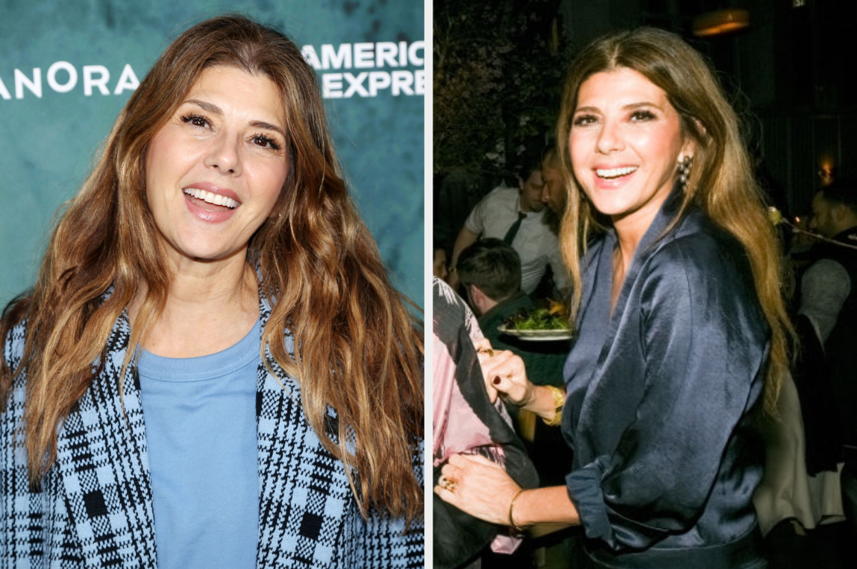 Marisa Tomei posing at an event in a patterned outfit and smiling, followed by a side profile shot at a social gathering
