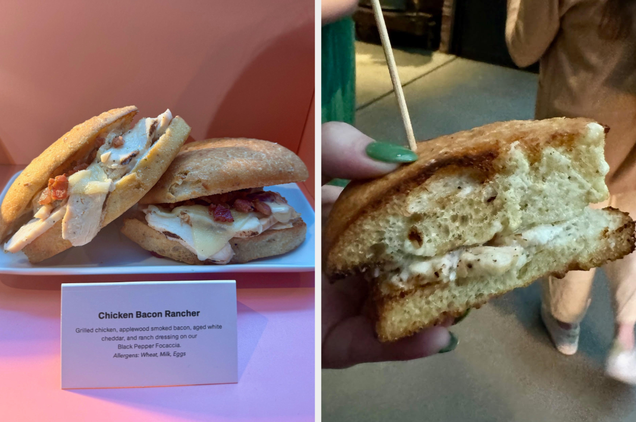 A person holds a Chicken Bacon Ranch sandwich showing the filling. Adjacent image has the sandwich with a descriptive label