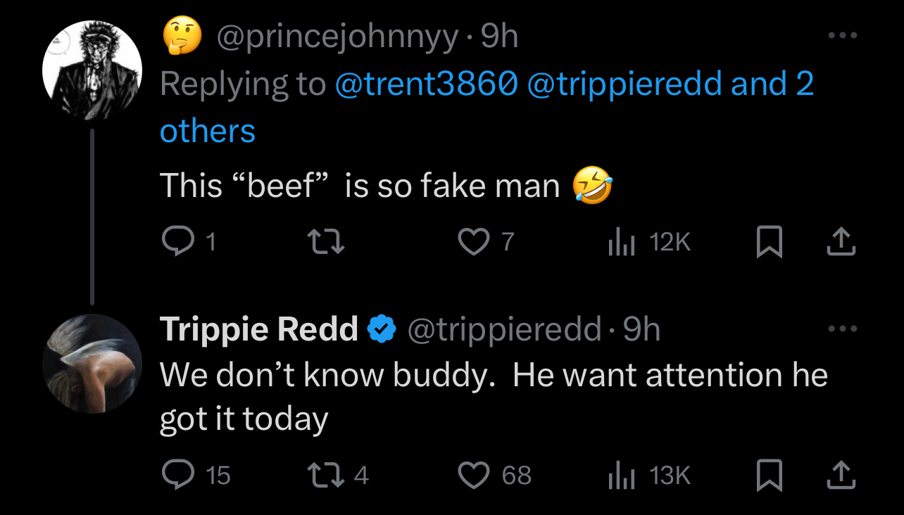 Two Twitter posts debating the authenticity of a reported &#x27;beef&#x27; between users