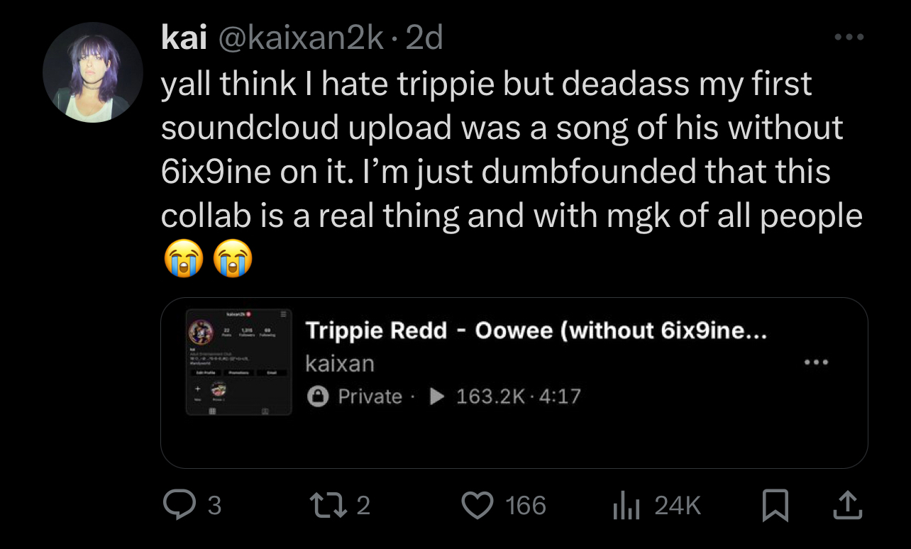Tweet by user Kai discussing an initial SoundCloud upload, surprised by it being Trippie Redd&#x27;s song without 6ix9ine, shows a SoundCloud screenshot