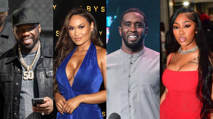 Four separate photos of 50 Cent, Daphne Joy, P. Diddy, and Yung Miami wearing event attire