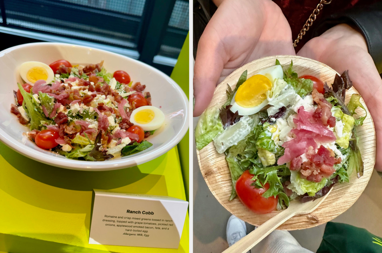 Two images side by side of Ranch Cobb salads with eggs, bacon, and tomatoes