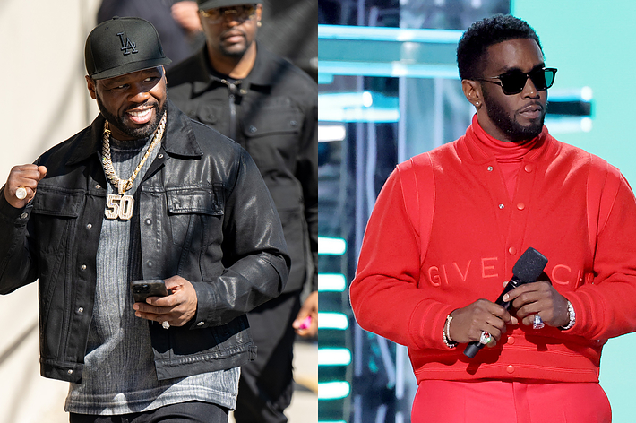 50 Cent in a layered outfit with jewelry, holding his phone and Diddy in a red outfit on stage with a microphone