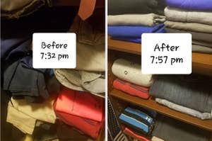 clothes before and after being folded with a clothing store folder
