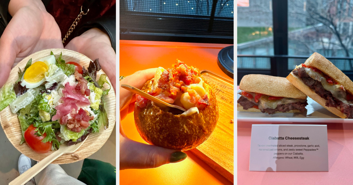 Three photos of different dishes: a bowl of salad, a bread bowl with soup, and a sandwich, with a cheesesteak recipe text below