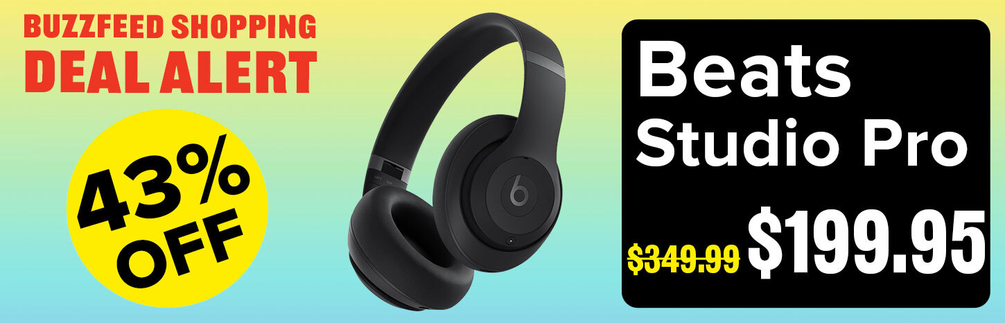 Advertisement showing Beats Studio Pro headphones at 43% discount, priced at $199.95, down from $349.99