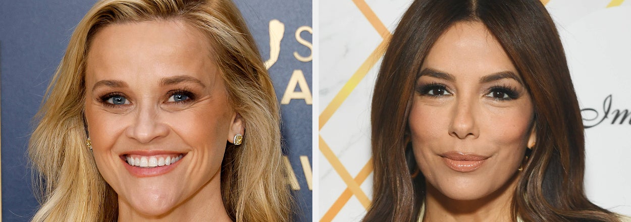 Two side-by-side photos: Reese Witherspoon smiling, Eva Longoria smirking with quotes from each