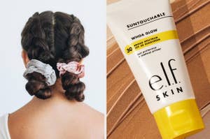 Double braided hairstyle with mixed scrunchies, adjacent to e.l.f. Skin sunscreen product