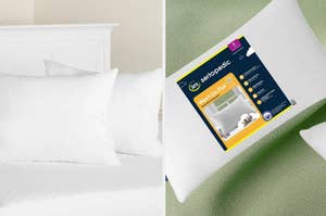 Split image of white pillows on a bed and Sertapedic pillow