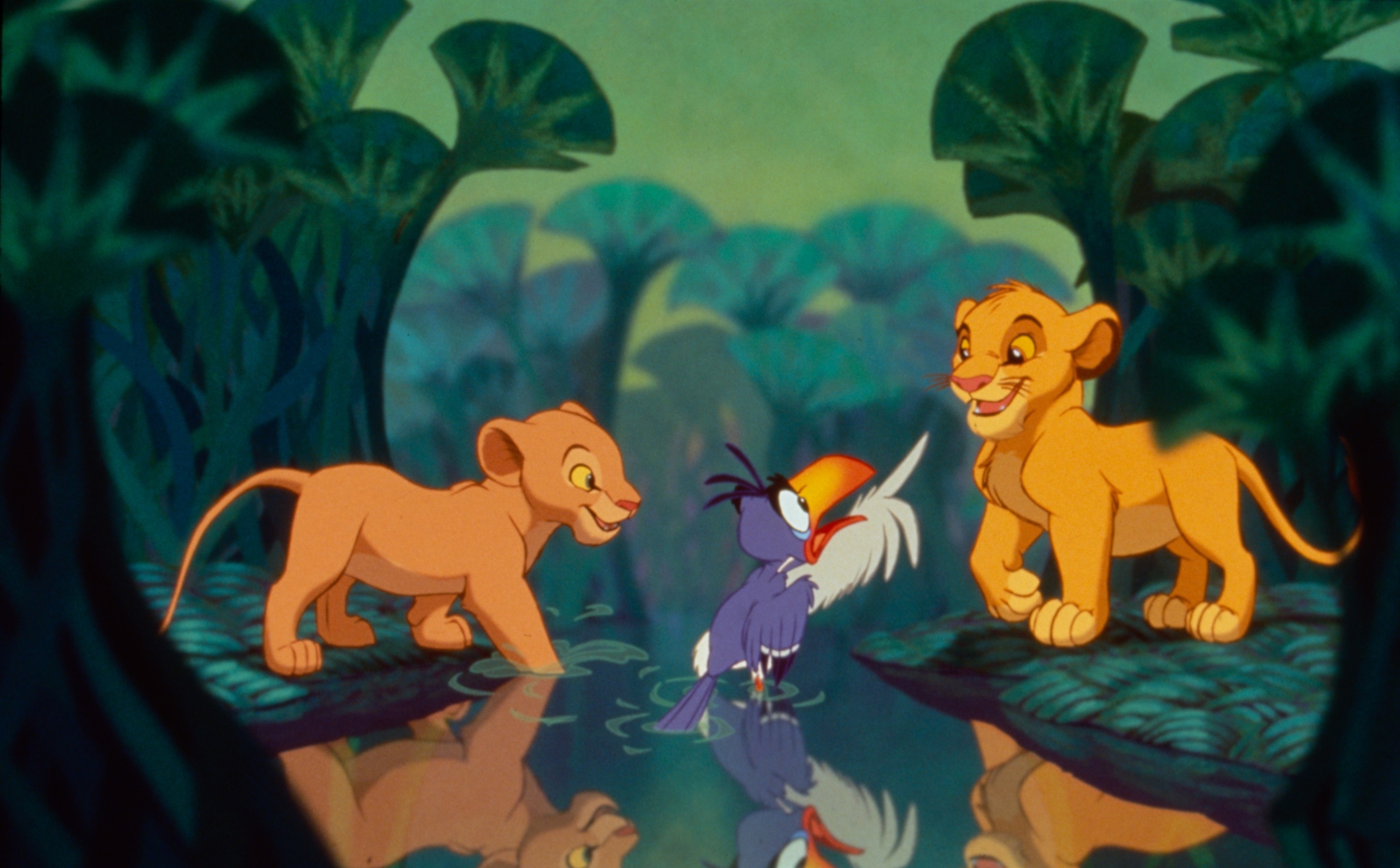 Animated characters Simba, Nala, and Zazu from &quot;The Lion King&quot; in a jungle scene