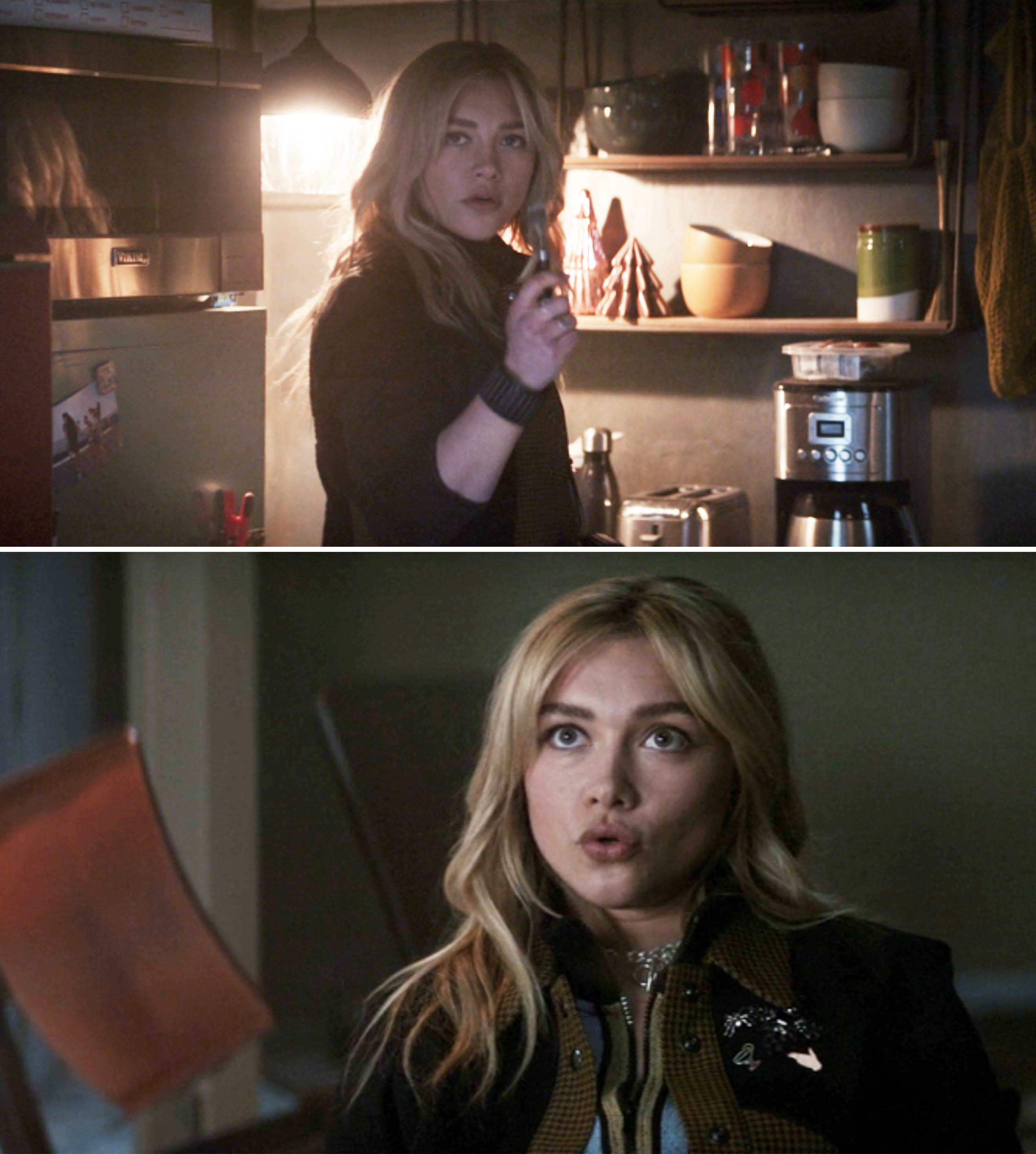 Two scenes of Florence Pugh as Yelena in Hawkeye