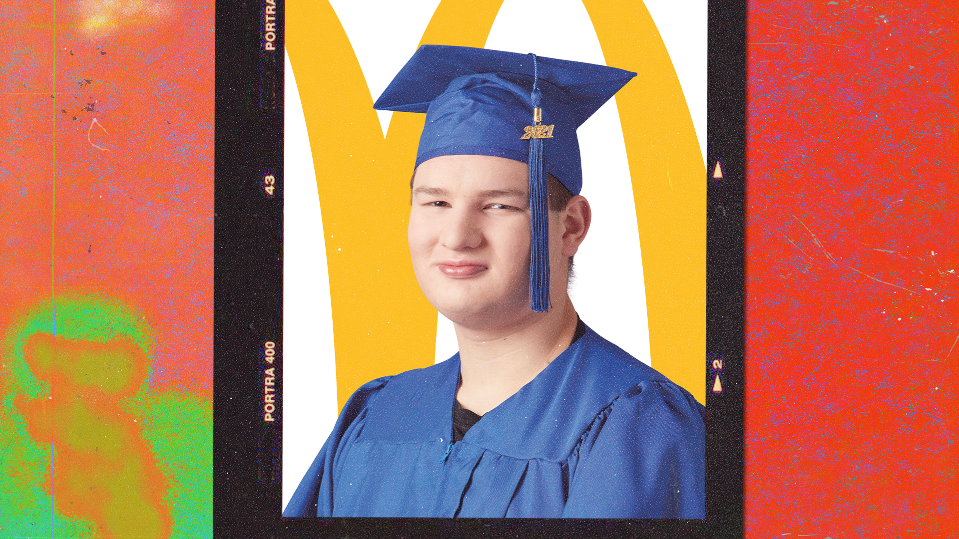 Graduate in blue cap and gown smiling against a colorful abstract background