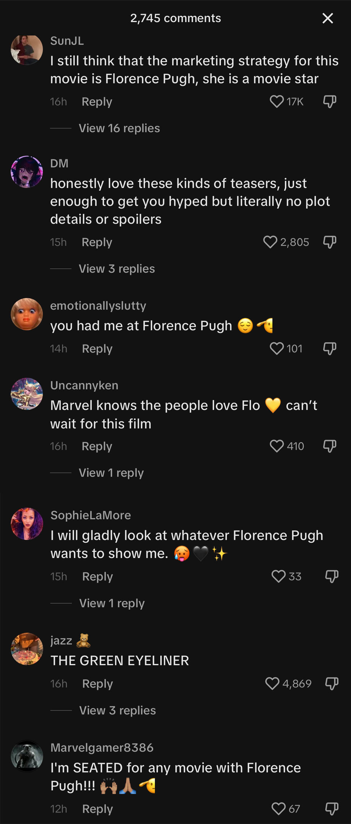 TikTok comments featuring a mix of comments from fans anticipating the performance of Florence Pugh in Thunderbolts, including &quot;I will gladly look at anything Florence Pugh wants to show me&quot;