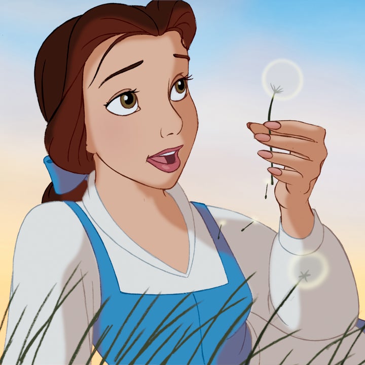 Animated character Belle from "Beauty and the Beast" holding a dandelion in a field