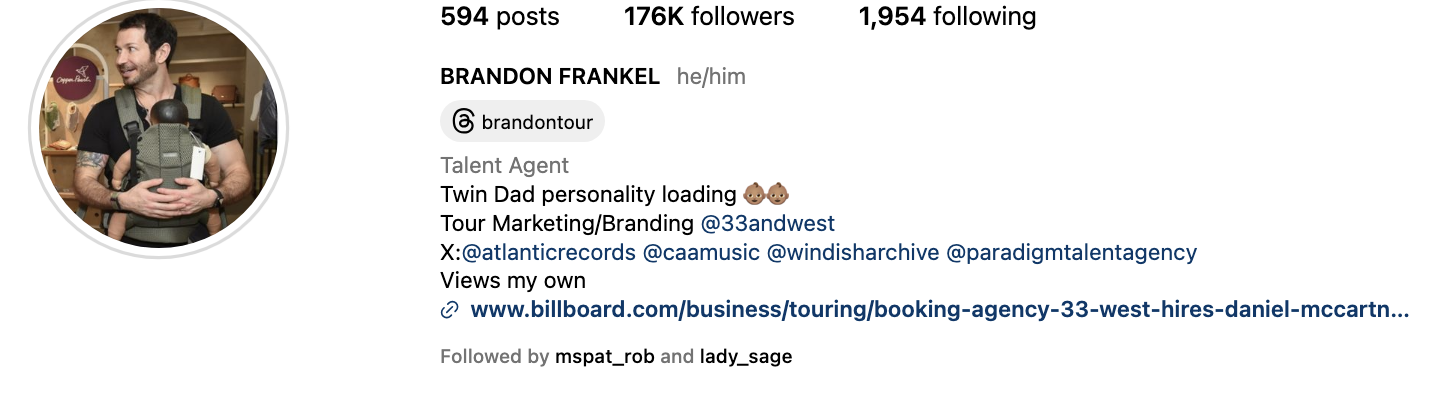 Brandon holding a plastic baby, beside text: Instagram profile of Brandon F, Talent Agent, with biography and follower details