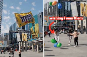 Left: Billboard with M&M's ad in urban square. Right: Person watching kids with balloons, text "wishing i was them"