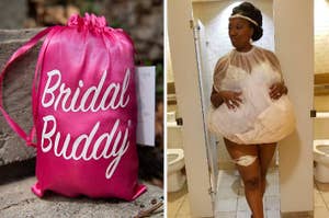 Woman uses Bridal Buddy undergarment to lift dress in restroom