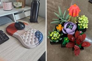 Ergonomic mouse pad with wrist support on a desk; LEGO flower bouquet with assorted floral designs