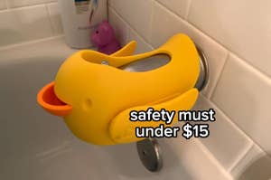 bath faucet cover in the shape of a rubber duck, with caption "safety must under $15"