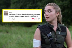 Florence Pugh in a military-style vest with a blurred nature background, with overlaid social media comment praising her