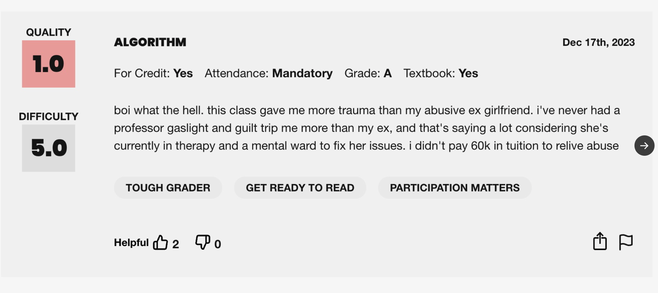 this class gave me more trauma than my abusive ex-girlfried. I&#x27;ve never had a professor gaslight and guilt trip me more