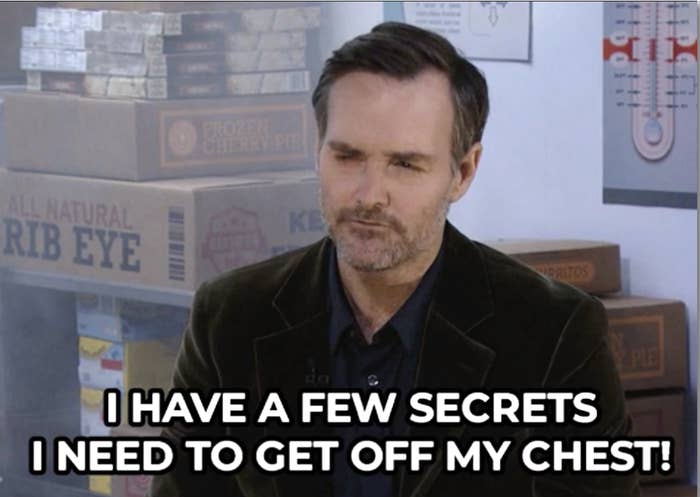 Man in a black jacket sits in front of boxes, caption reads &quot;I HAVE A FEW SECRETS I NEED TO GET OFF MY CHEST!&quot;