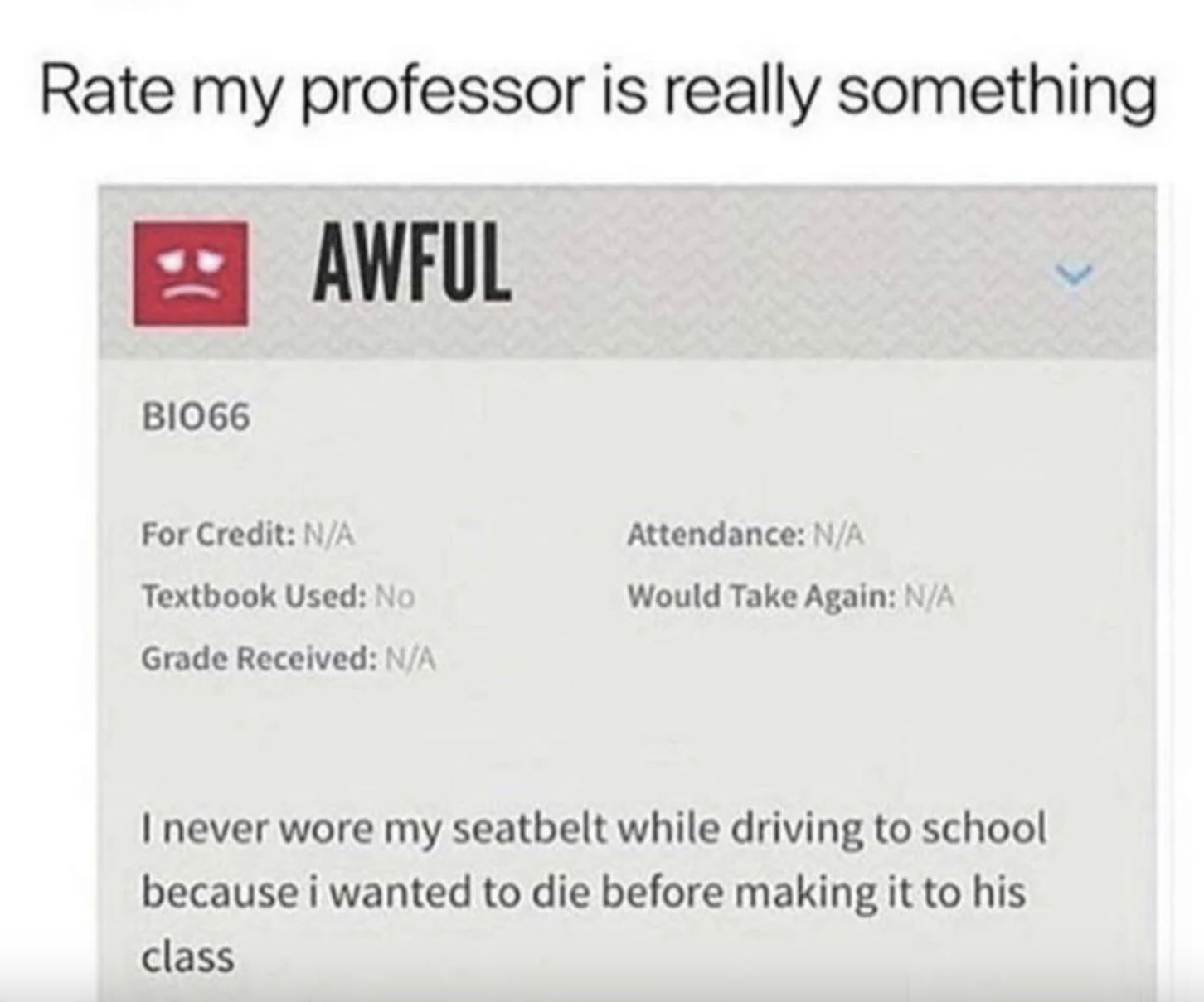 ii never wore my seatbelt while driving to school because i wanted to die before making it to his class