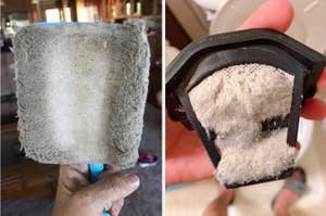 Two images side-by-side showing the before and after of a vacuum filter being cleaned