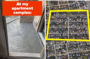 Text on a background showing a wet porch and an aerial view of dense housing: "At my apartment complex."