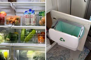 Two innovative storage solutions: a fridge with clear organizers and a built-in cabinet trash bin for efficiency