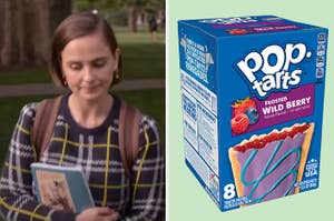 On the left, Pauline Chalamet walking around a college campus wearing a backpack and holding a book as Kimberly on The Sex Lives of College Girls, and on the right, a box of Wild Berry Pop-Tarts