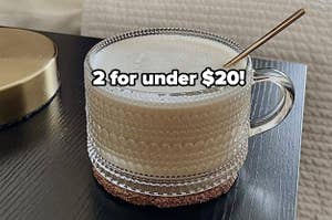 textured glass mug with text 2 for $20