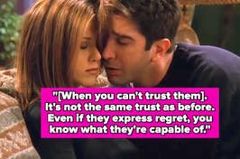Two characters from the TV show Friends, embracing on a couch with a quote about trust