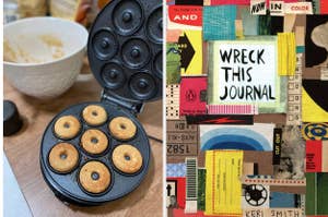 A mini donut maker with freshly baked donuts next to a mixing bowl; the book 'Wreck This Journal' by Keri Smith