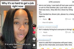 Woman discusses difficulties in job market with overlay text and social media comments